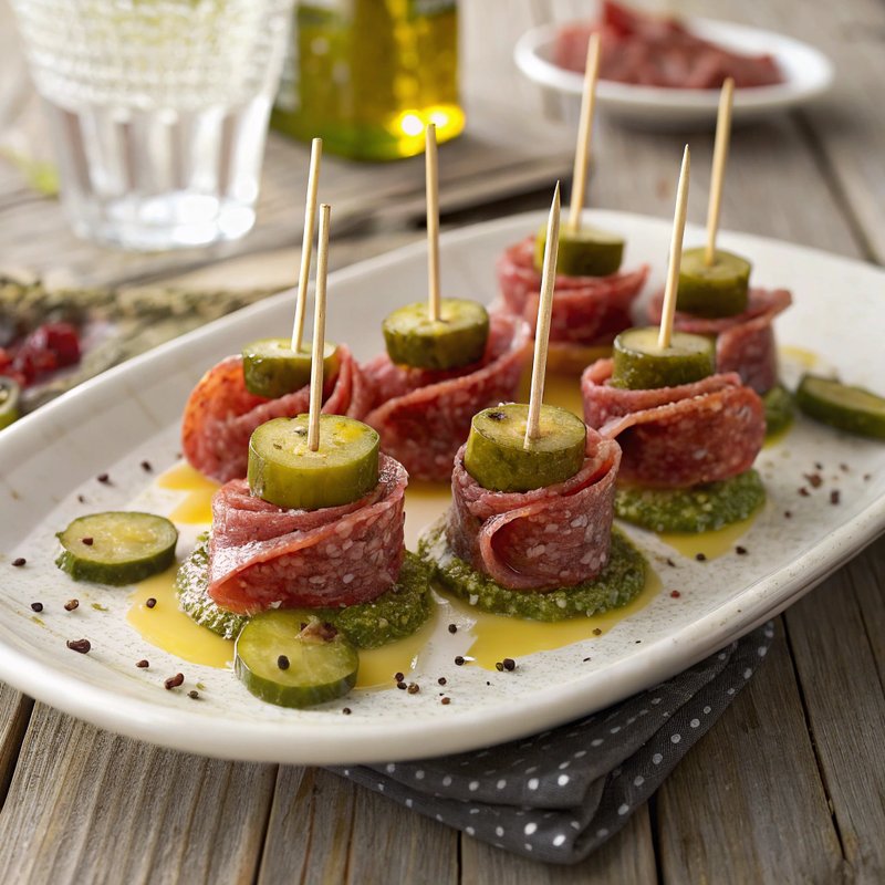 Salami and Pickle Skewers